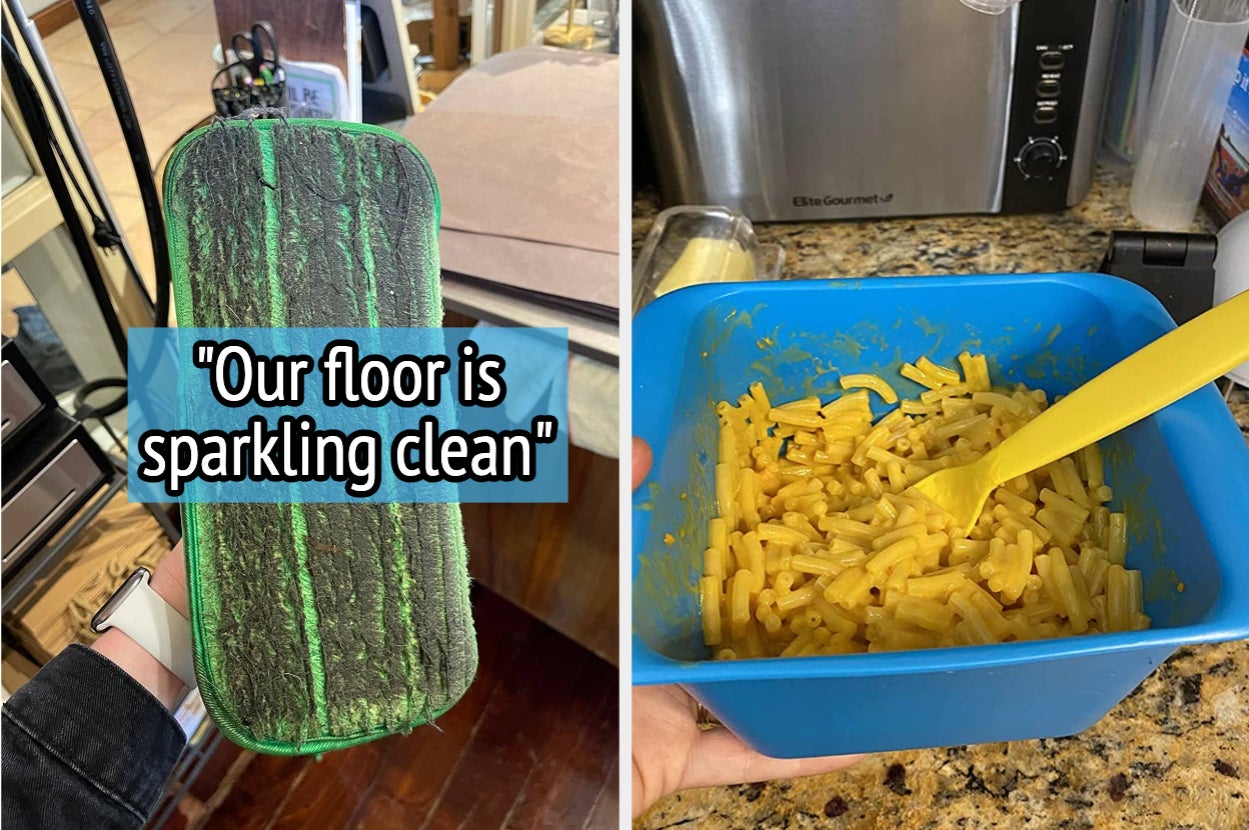 Two images: a reviewer's dirty mop pad with text "Our floor is sparkling clean" //  reviewer's blue rapid cooker with macaroni and cheese