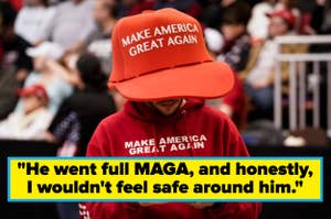 Person wearing oversized MAGA hat and hoodie at rally, with caption about feeling uneasy around extreme MAGA supporters