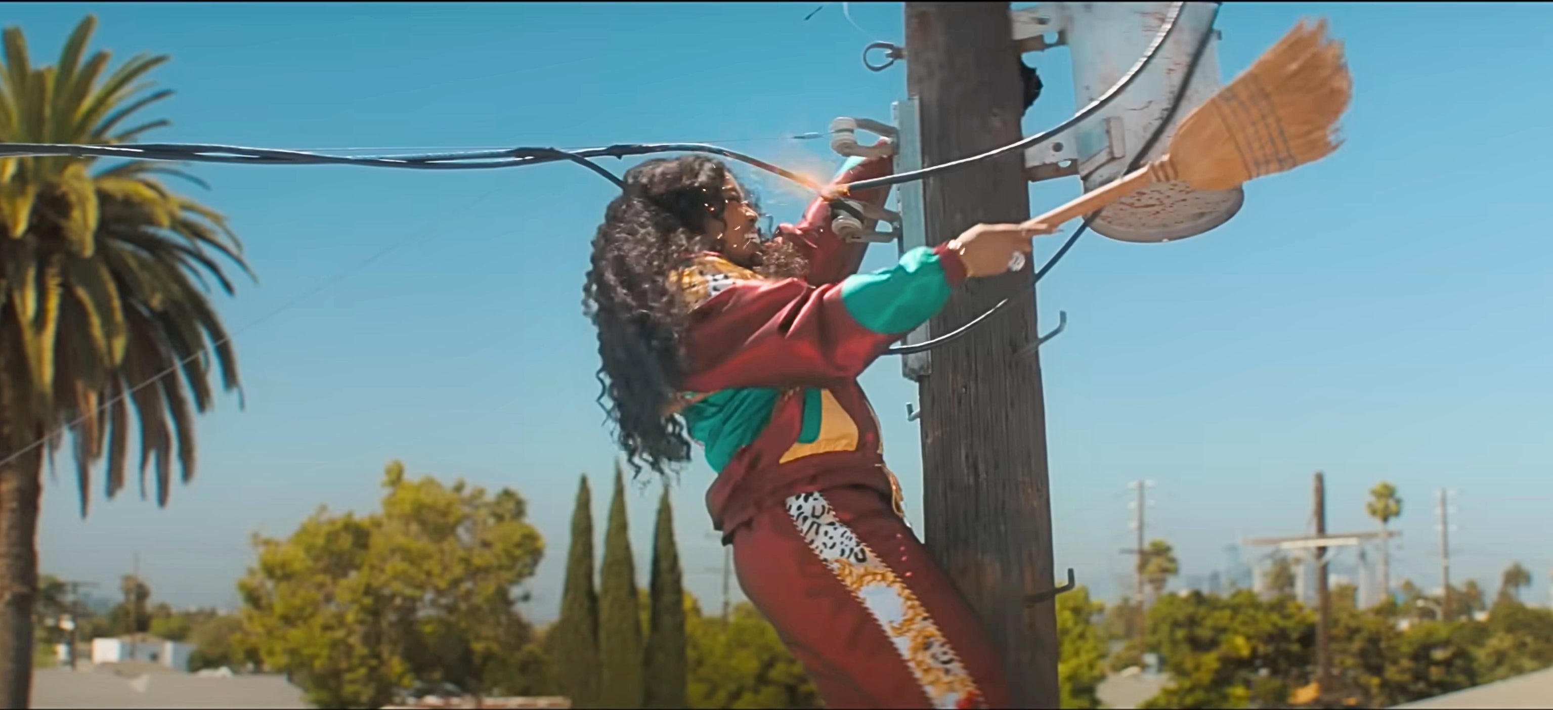 Person in patterned athletic wear uses a broom to reach electrical wires on a utility pole, surrounded by palm trees and clear sky