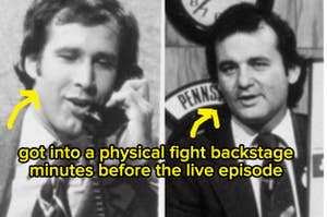 Split image: Two men, one talking on a phone, the other looking forward. Text: "got into a physical fight backstage minutes before the live episode."