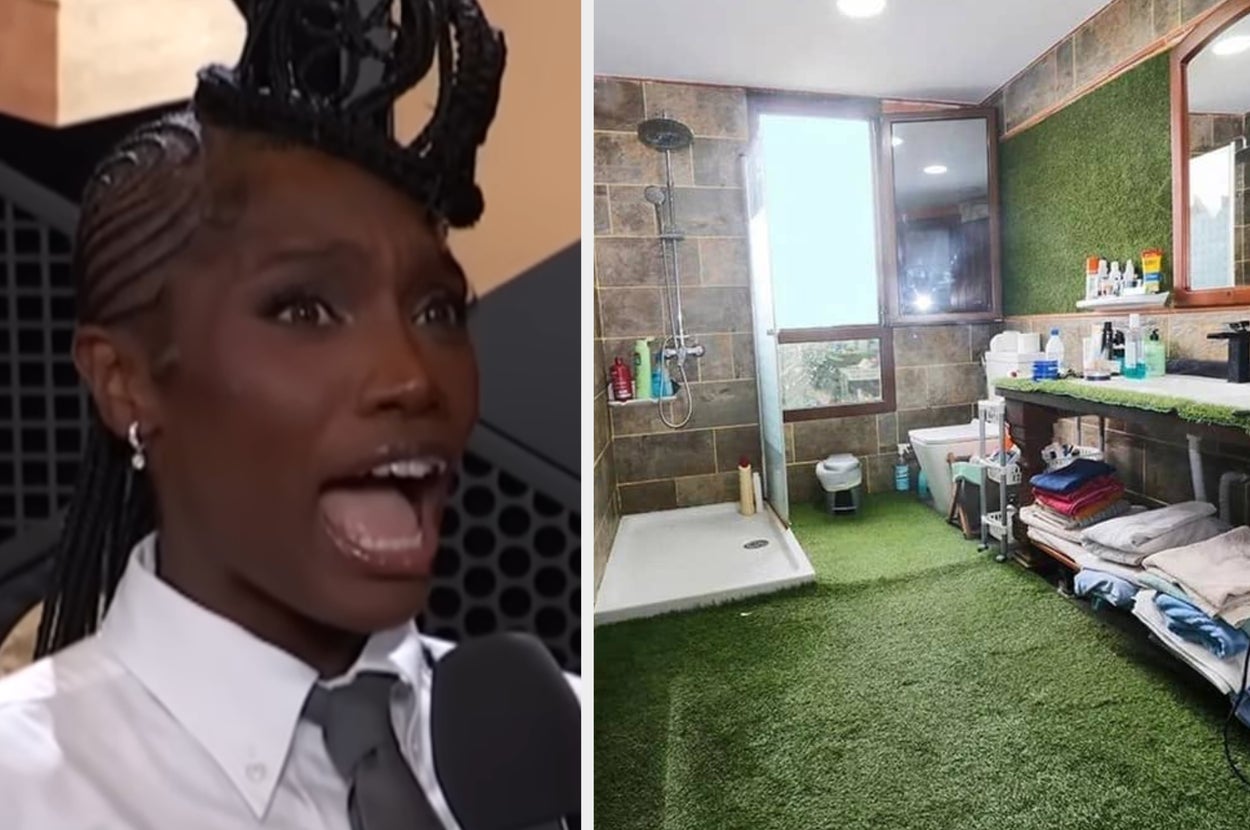Doechii with a flabbergasted expression; on right, a bathroom oddly covered in fake grass