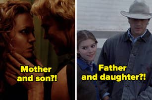 Two contrasting movie scenes labeled "Mother and son?!" and "Father and daughter?!" showing actors in close interactions