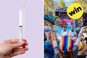 Left: A hand holds a "Cervical Cancer Screening" test. Right: A person with a rainbow scarf holds a fan at an outdoor event with a "win" circle