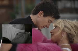 Two people sharing an intimate moment; Sabrina Carpenter wearing a pink fluffy coat, Barry Keoghan in a dark shirt