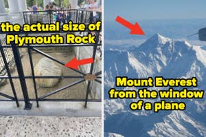 Left: Plymouth Rock behind a metal fence. Right: Mount Everest seen from a plane window