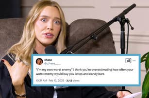 Person gesturing expressively while reading a tweet aloud into a microphone: “I’m my own worst enemy..." followed by humorous reflection on enemies