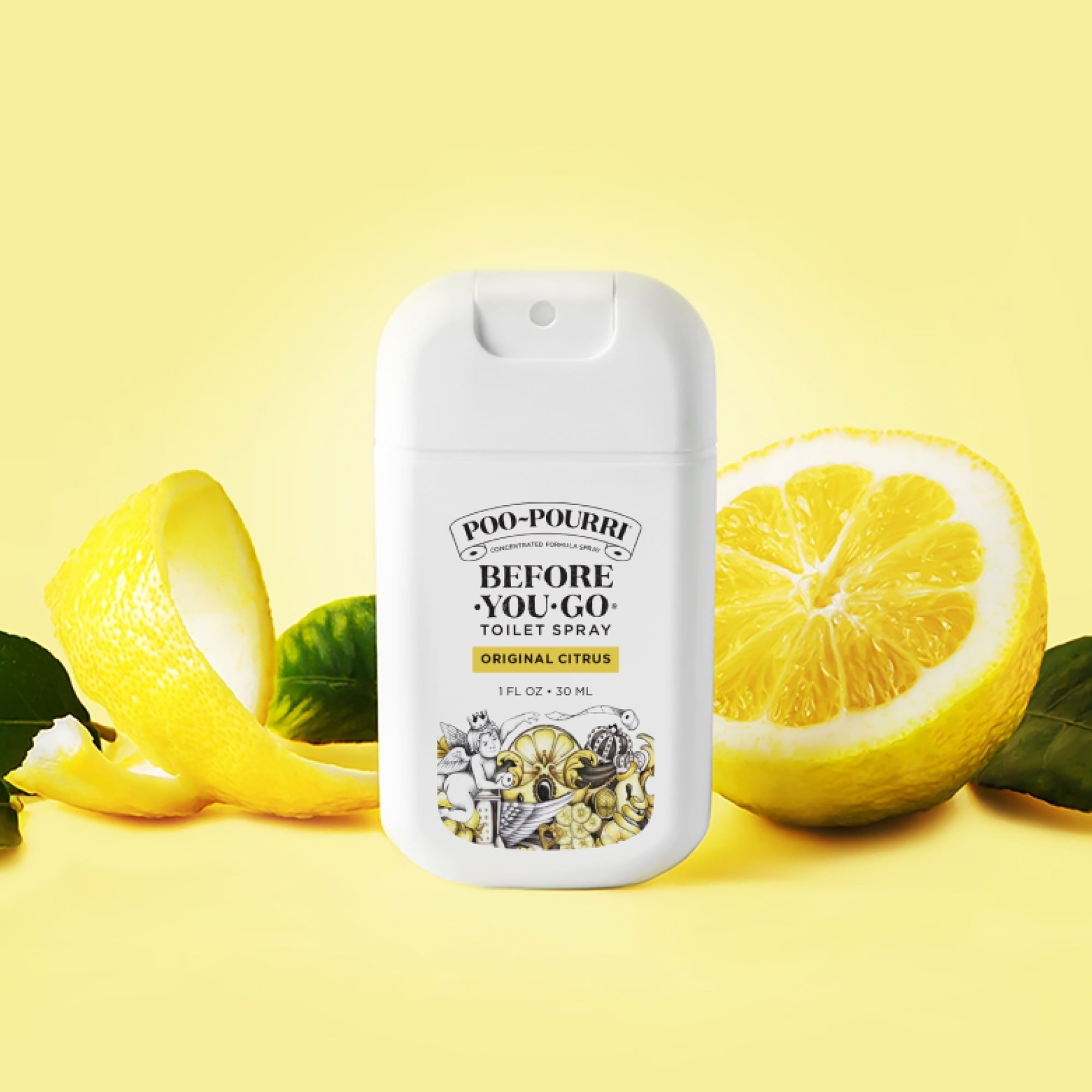 Poo-Pourri Original Citrus toilet spray vessel  with full   and sliced lemon, against a plain background. Featured successful  buying  article
