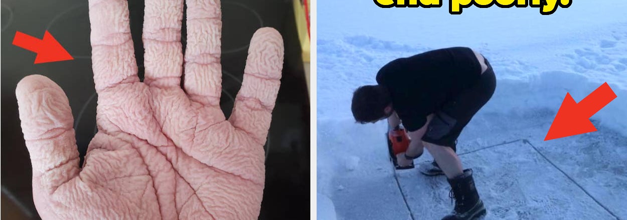 Split image: Left shows a pruney hand with text "Every. Dang. Time." Right shows a person about to sled over a trapdoor with text "This is going to end poorly."