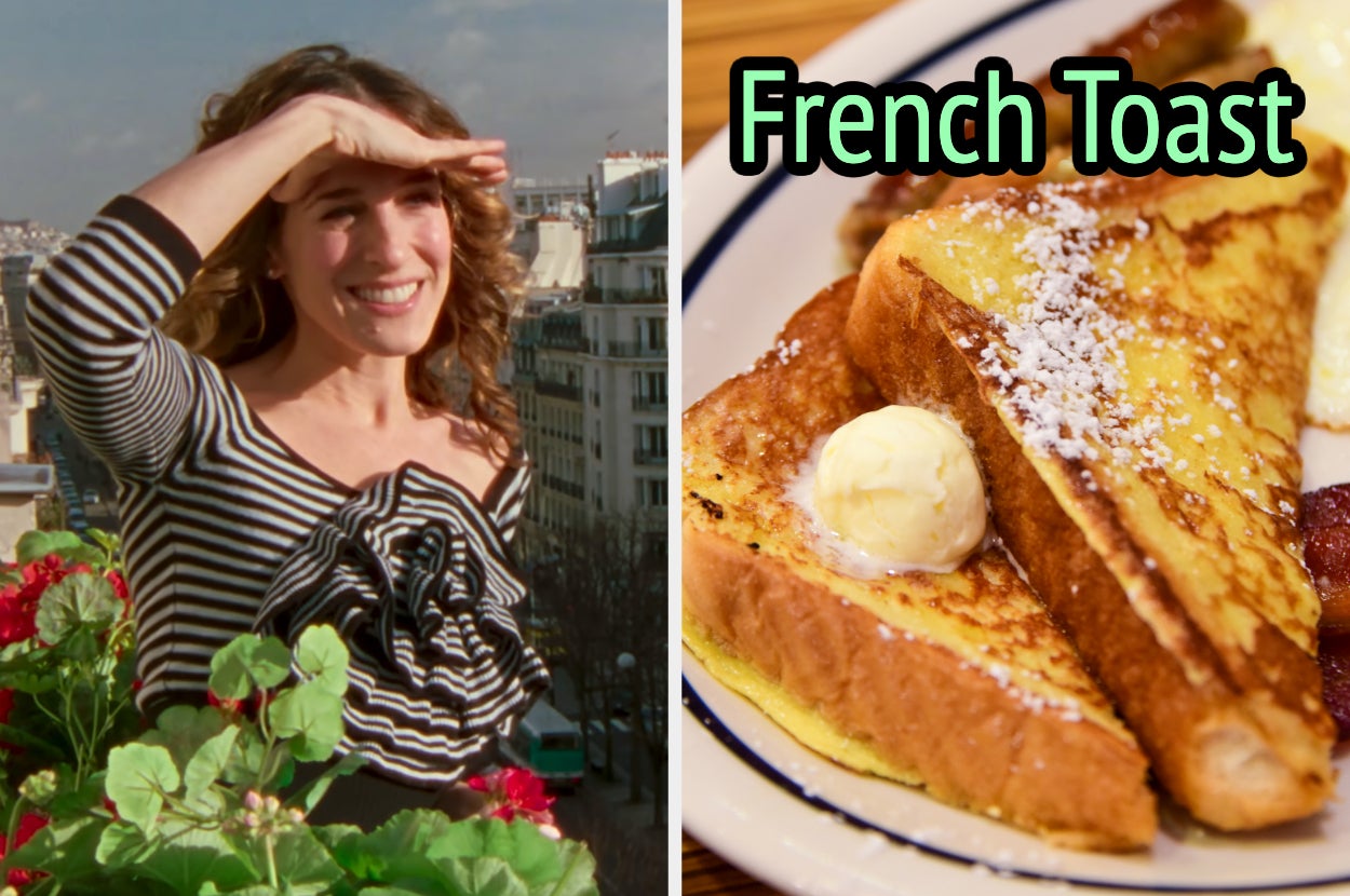 On the left, Carrie Bradshaw smiling and shielding her eyes from the sun in Paris, and on the right, French toast topped with butter and powdered sugar