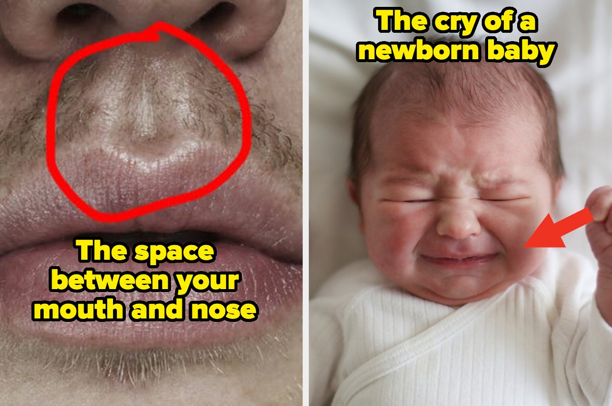 Close-up of a face highlighting the space between the mouth and nose, next to a crying newborn baby wrapped in a blanket