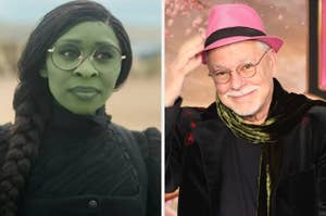 Woman dressed as a green-skinned character with braided hair; man with glasses wearing a pink fedora and velvet scarf, smiling at the camera
