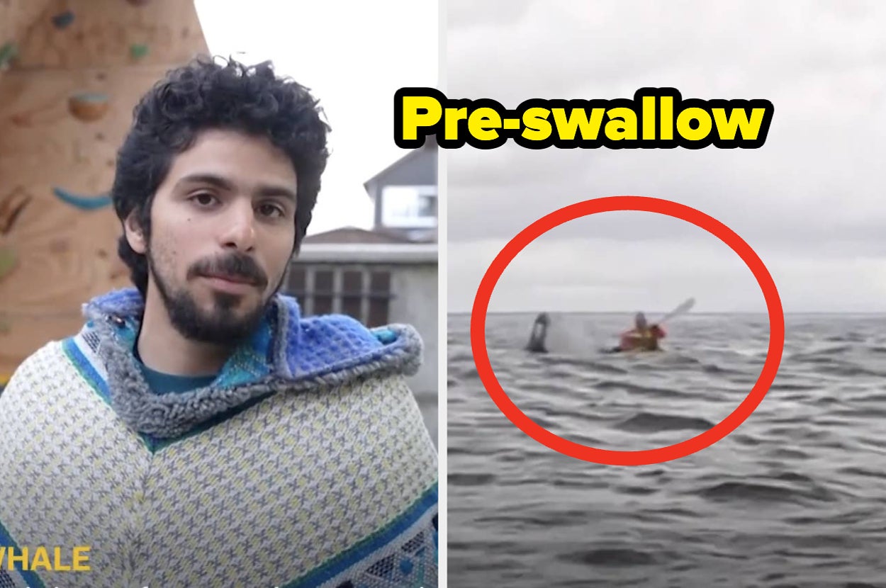 A man in a shawl stands beside an image of a kayaker, circled, near a whale in the ocean. Text reads "Pre-swallow."
