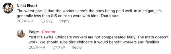 Comments discussing low pay for childcare workers and the need for subsidized childcare to benefit workers and families