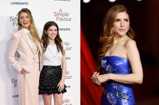 Blake Lively in a suit and Anna Kendrick in a v neck t shirt and ruffled skirt on the red carpet vs Anna Kendrick in a strapless dress on the red carpet