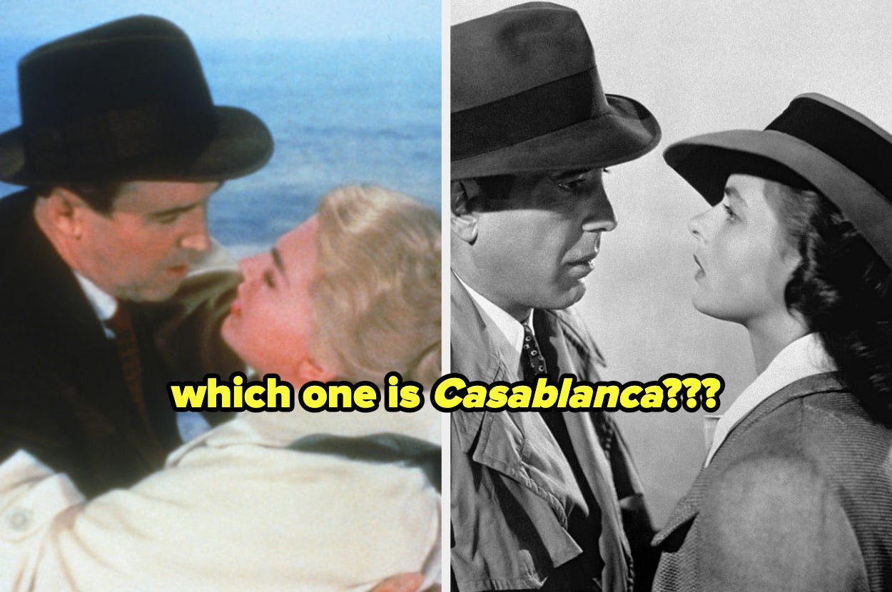Two movie scenes: Left shows a couple embracing, right shows a couple gazing at each other. Text asks which is from "Casablanca"