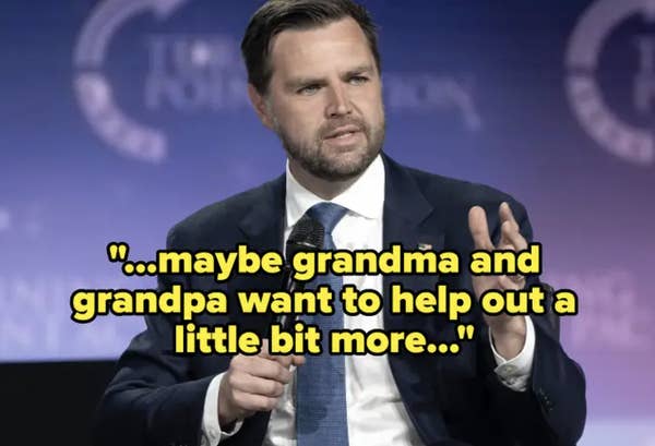 Vance in a suit speaking on stage with text overlay: &quot;...maybe grandma and grandpa want to help out a little bit more...&quot;