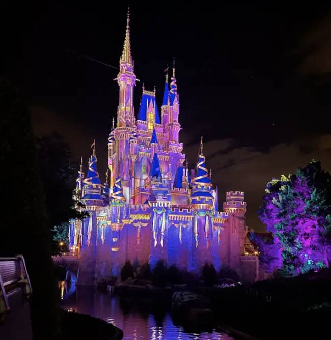 Illuminated castle at night with vibrant lights shining on its towers, surrounded by trees and water in a theme park setting