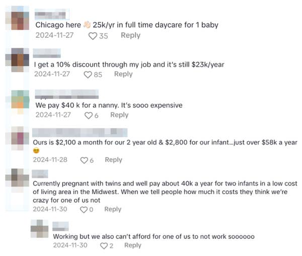 Comments discuss high daycare and nanny costs, with people citing figures like $25k/year for daycare and $40k/year for a nanny