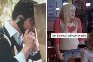 Two side-by-side images: On left, a man speaks into a phone. On right, a woman with long hair stands in casual layered clothing. Overlayed text: 