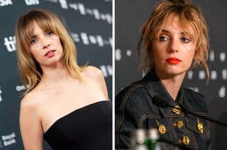 Maya Hawke in a strapless dress vs Maya Hawke in a jacket with buttons