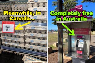 Image juxtaposition of eggs priced at $9.33 in Canada with a sign and a free public phone in Australia, highlighting cost differences