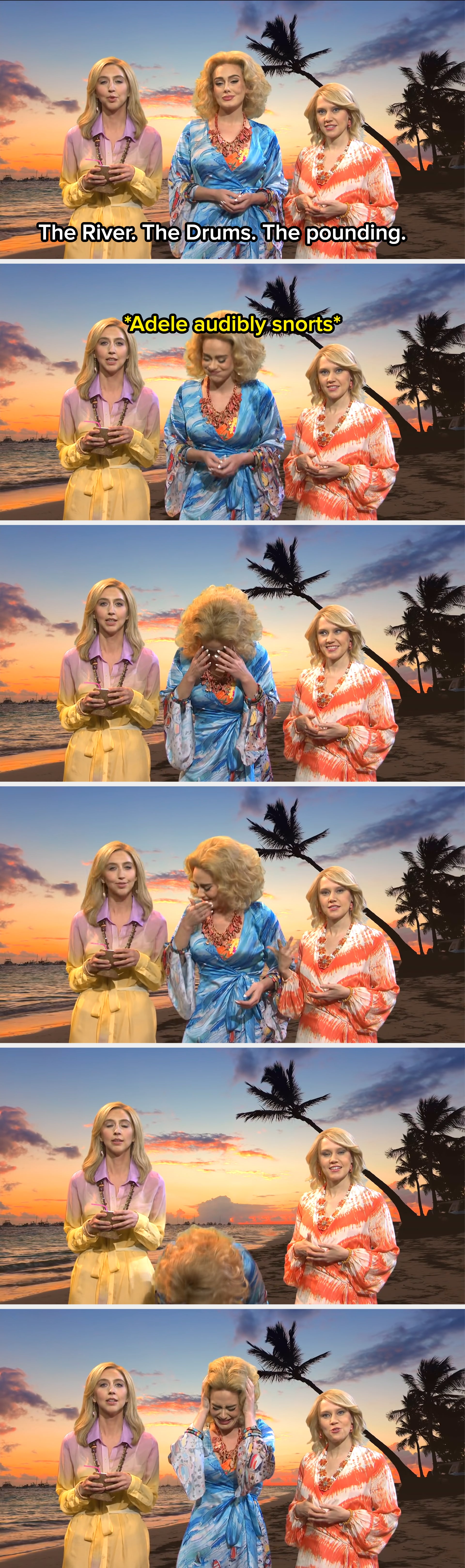 Three individuals in beach-themed dresses stand in front of a tropical beach sunset backdrop