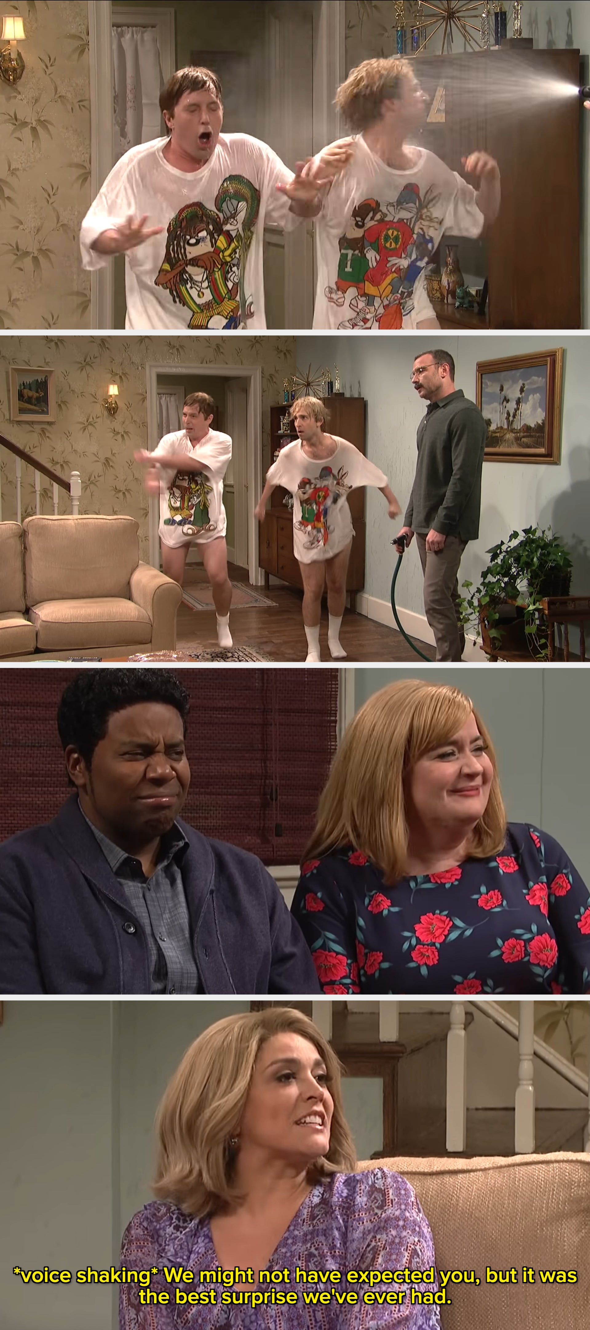 Two people wearing oversized graphic t-shirts react humorously to being sprayed with water inside a room, reminiscent of a comedy skit