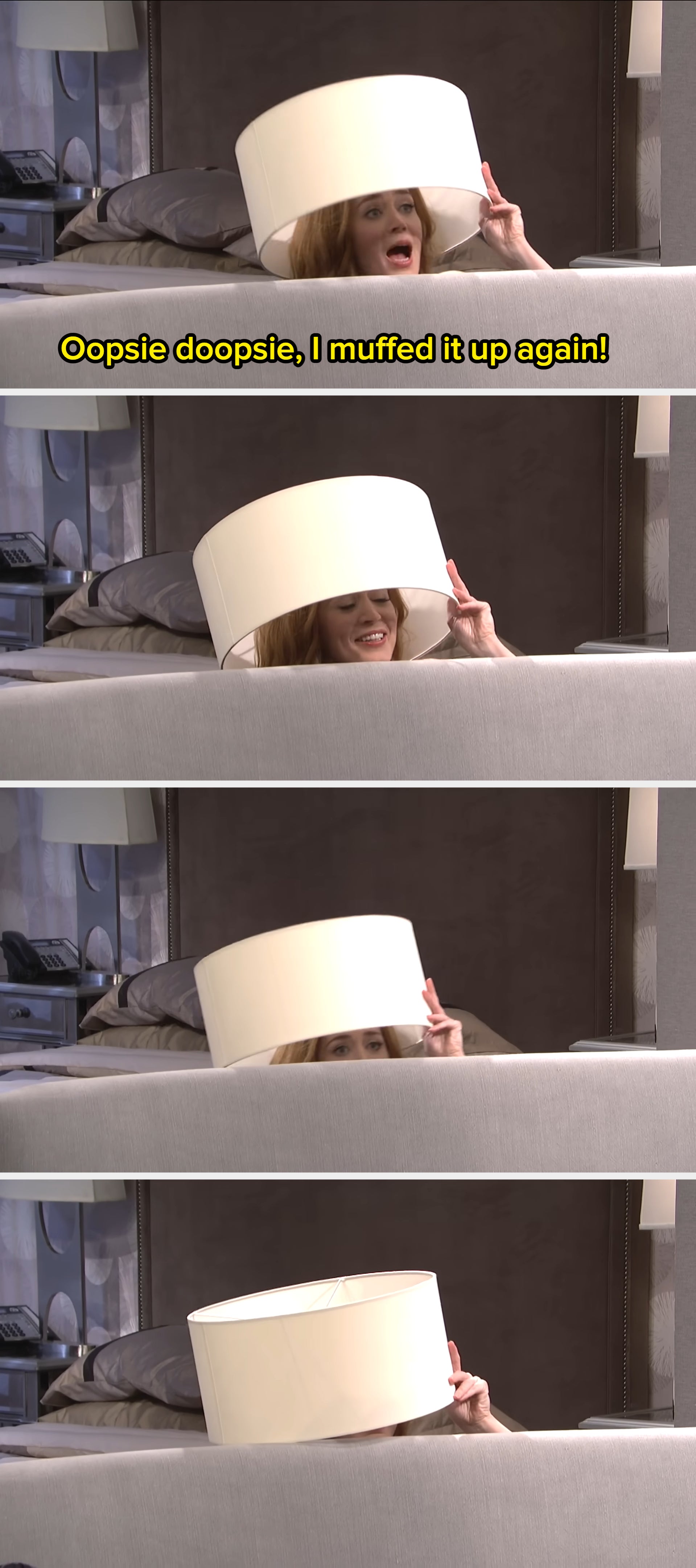 Person humorously wearing a lampshade on their head while sitting on a couch, making a peace sign