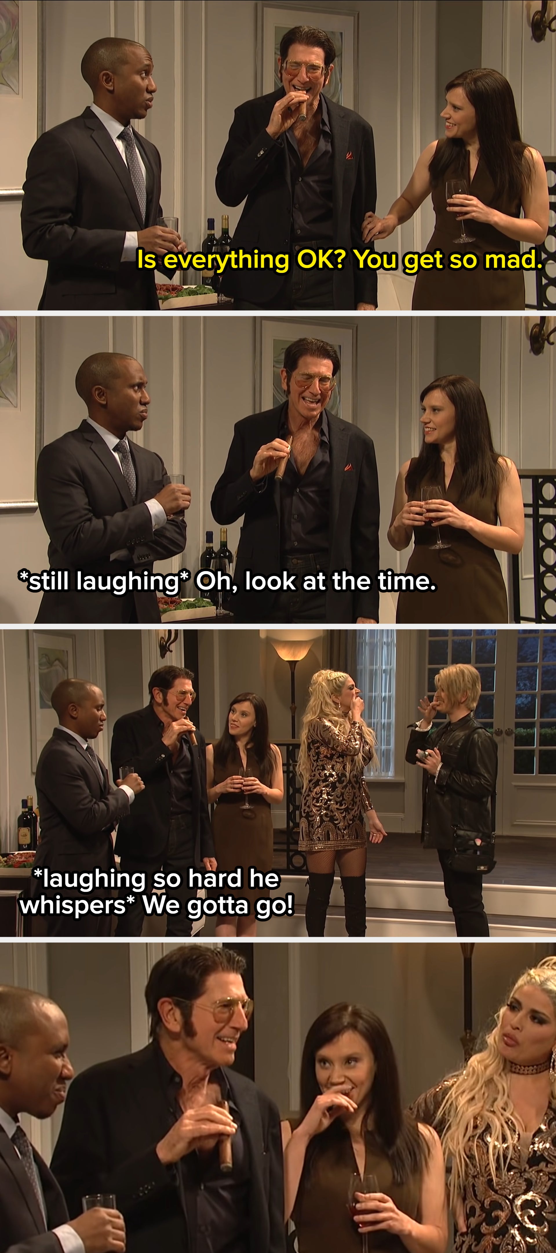 Three actors perform a comedic scene indoors; one is dressed in a suit, another in a casual black outfit, and the third in a stylish dress