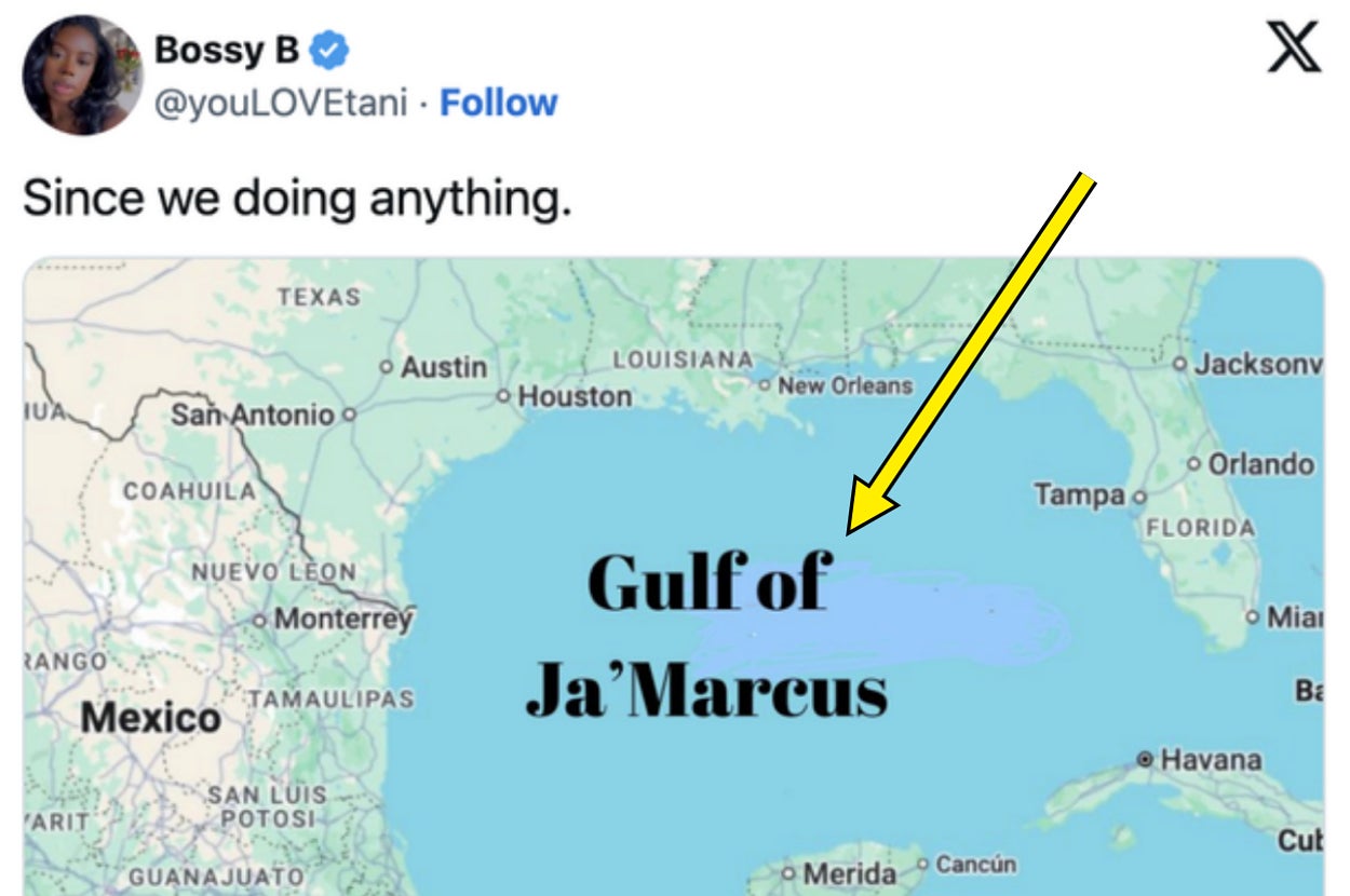 Map meme showing the Gulf of Mexico renamed to "Gulf of Ja'Marcus."