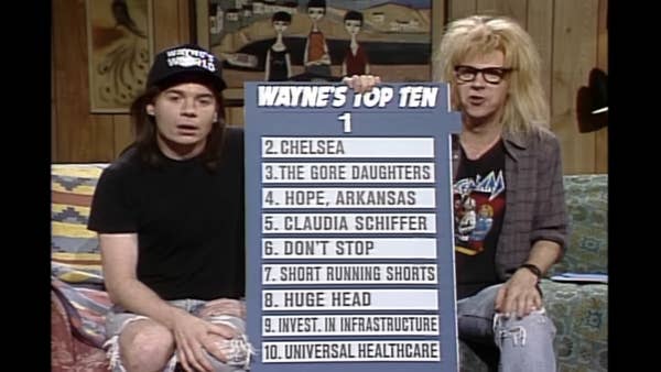 Two people holding a sign titled &quot;Wayne&#x27;s Top Ten&quot; featuring a humorous list, including items like &quot;Chelsea&quot; and &quot;Universal Healthcare.&quot;