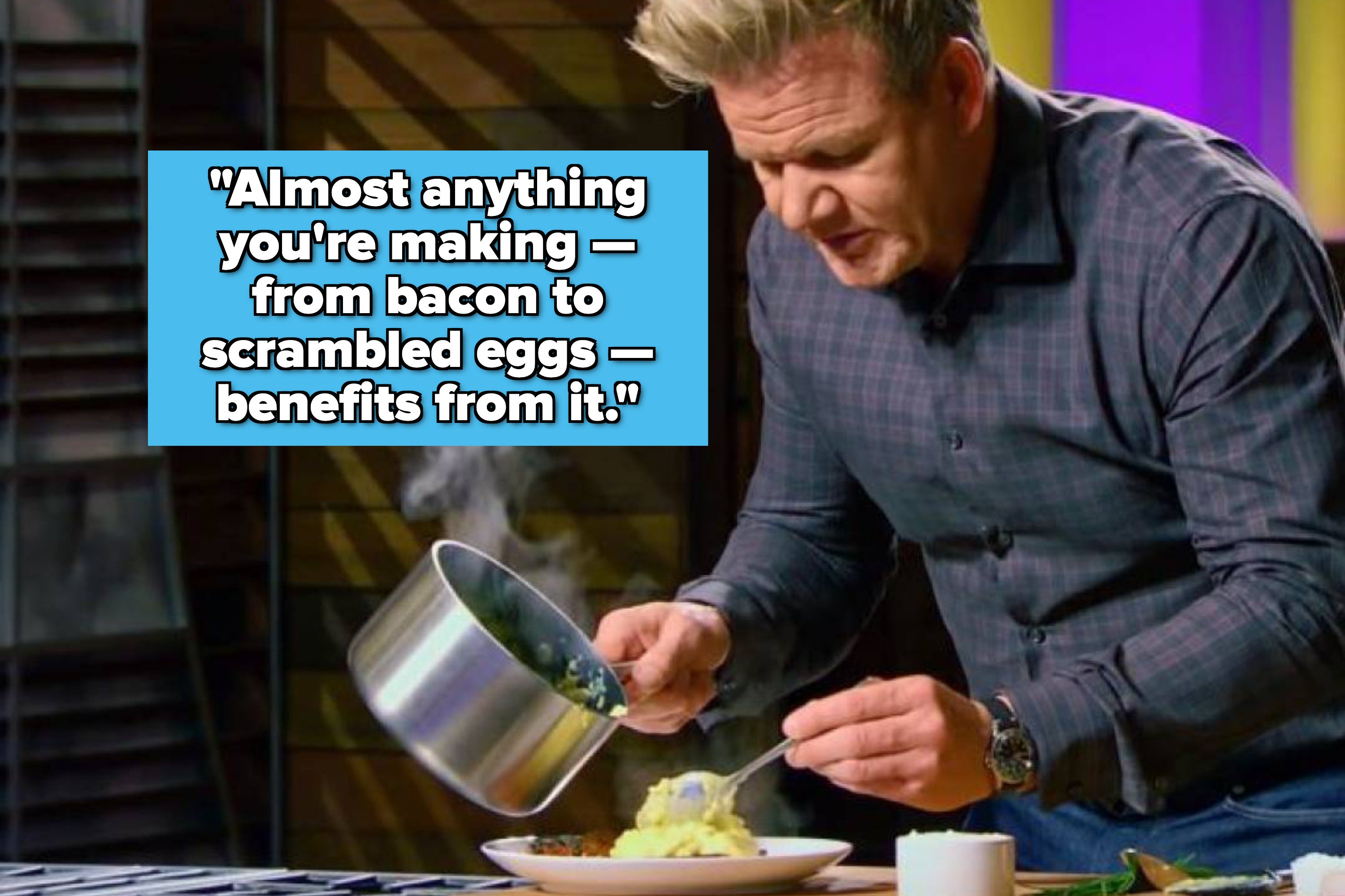 A person in a plaid shirt is pouring sauce from a saucepan onto a plated dish in a kitchen setting