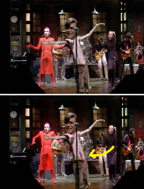 A band performs energetically on stage with a lead singer in a dynamic pose. Instruments are visible in the background