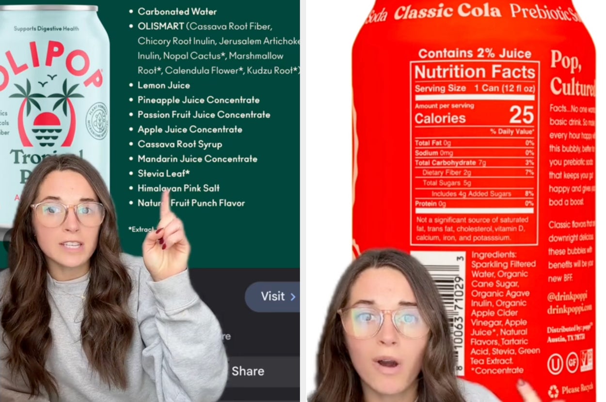 Two-image collage: Left shows person with a yellow sleep mask and two Olipop cans. Right shows soda shelves with a comment overlay debating Olipop spelling