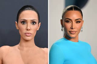 Bianca Censori nude with a sleek bun vs Kim Kardashian in a dress with drop earrings and her hair pulled into a ponytail with a middle part