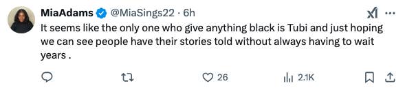 Tweet from Mia Adams (@MiaSings22) expressing preference for Tubi in showcasing diverse stories without long delays