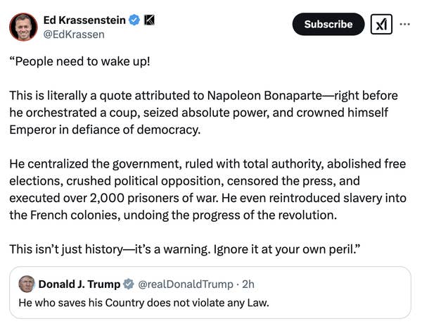 Tweet discussing a quote attributed to Napoleon Bonaparte about seizing power, linked to a post by Donald J. Trump