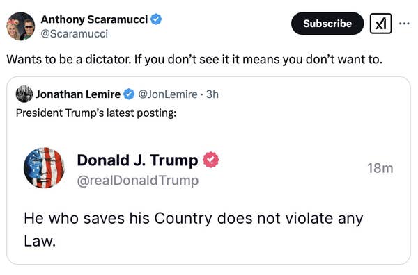 Tweet by Anthony Scaramucci retweets Jonathan Lemire. Trump says, &quot;He who saves his Country does not violate any Law.&quot;