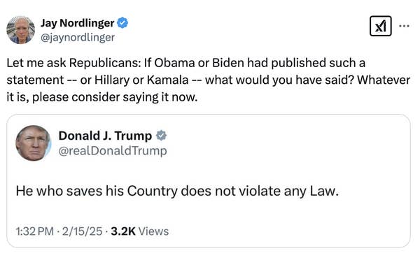Screenshot of a tweet by Donald Trump saying, &quot;He who saves his Country does not violate any Law.&quot;