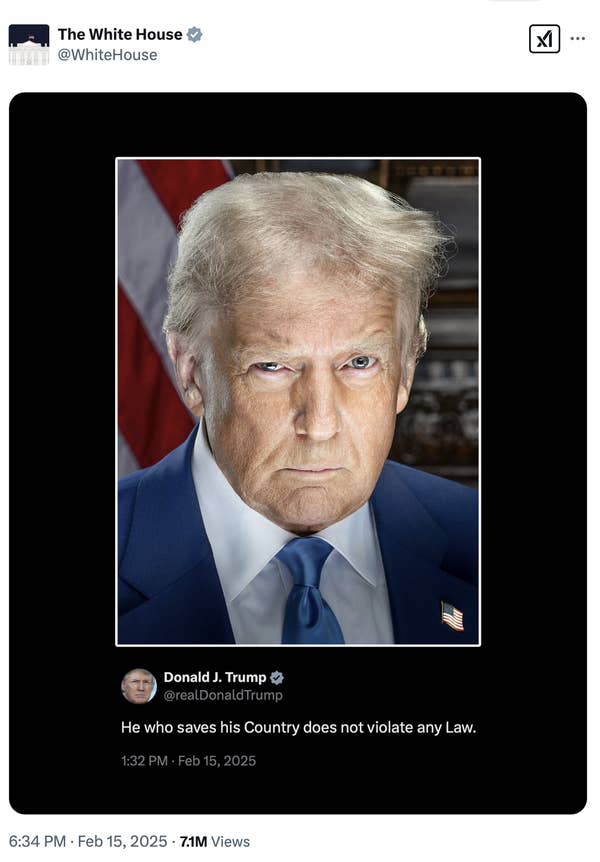 Donald Trump in a suit and tie, serious expression, with quote: &quot;He who saves his Country does not violate any Law.&quot;