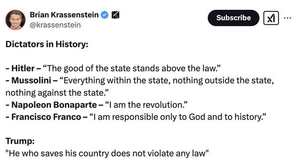 Social media post listing quotes from historical figures, comparing their views with a statement by Trump