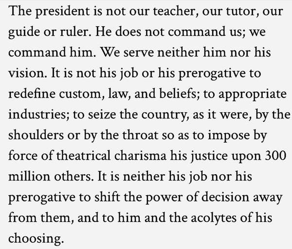 Text excerpt discussing the president&#x27;s role, suggesting they do not command or redefine customs, law, or beliefs, nor impose decisions on the people