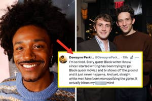 Smiling person on the left with earrings and curly hair. On the right, two men pose together. Overlayed text discusses challenges in Black queer media representation