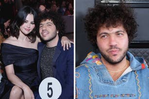 Selena Gomez seated next to Benny Blanco with an arm around him vs Benny Blanco in a hooded sweatshirt with curly hair