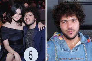 Selena Gomez seated next to Benny Blanco with an arm around him vs Benny Blanco in a hooded sweatshirt with curly hair