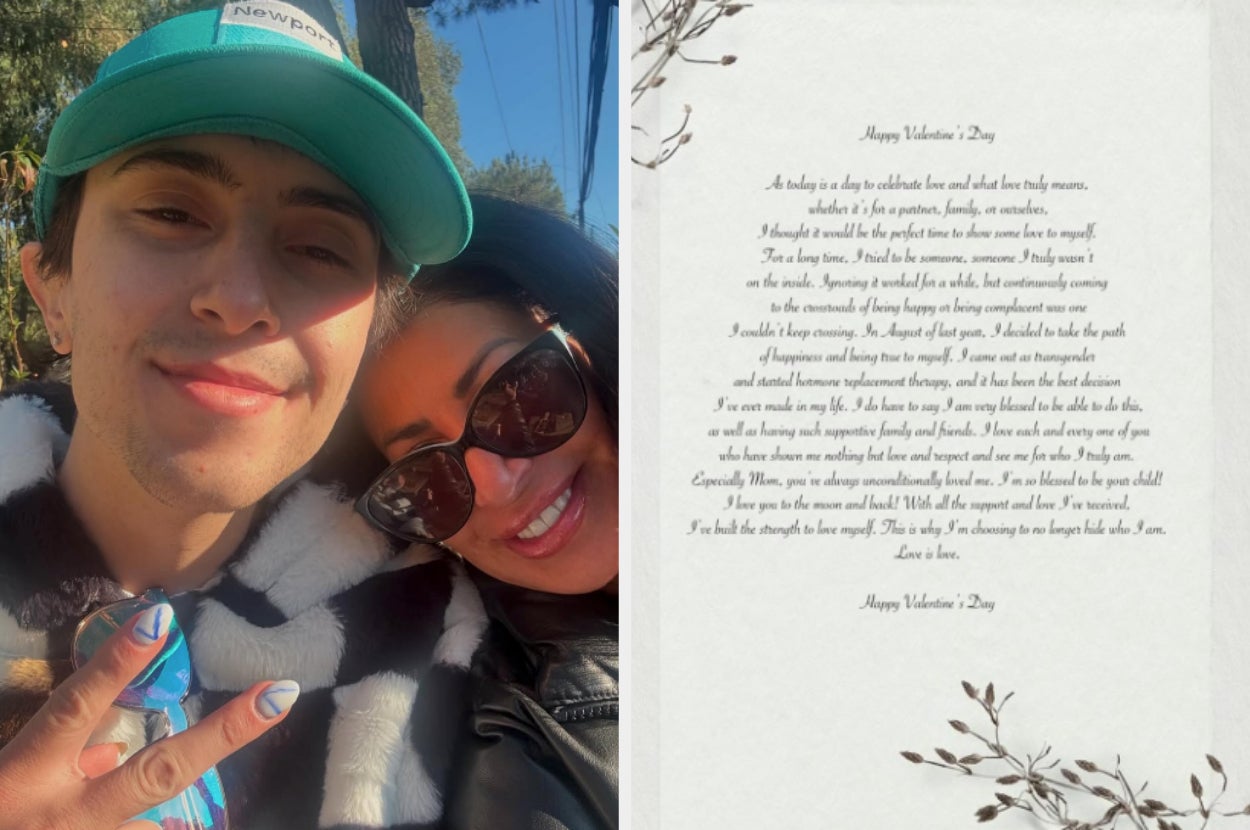 Two individuals smiling for a selfie; text is a heartfelt Valentine's Day message