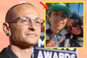 Person in a black suit on a red carpet event; framed photo of same person smiling with a child