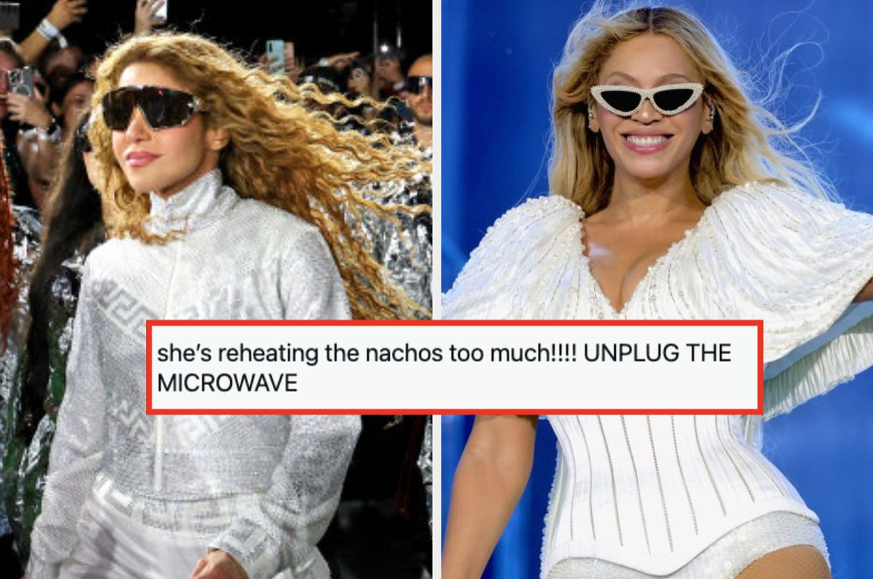 Two images of a celebrity in stylish outfits with a humorous comment about reheating nachos and unplugging a microwave