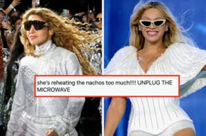 Two images of a celebrity in stylish outfits with a humorous comment about reheating nachos and unplugging a microwave