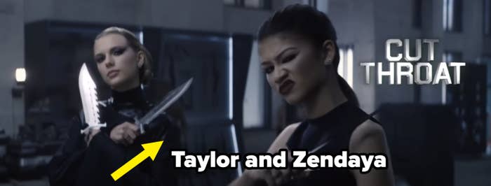 Taylor Swift and Zendaya in sleek outfits with knives in their hands and intense expressions on their faces